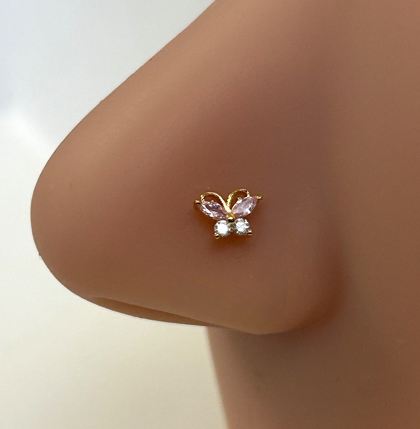Gold, Pink & Clear Gem Encrusted Butterfly Nose Ring — L-Bend