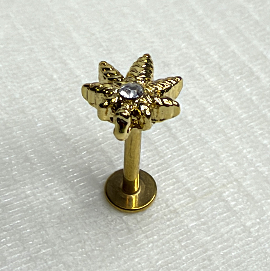 16g Gold Cannabis Leaf Crystal Flat Back Stud