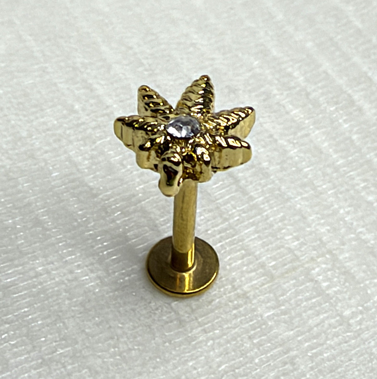 16g Gold Cannabis Leaf Crystal Flat Back Stud