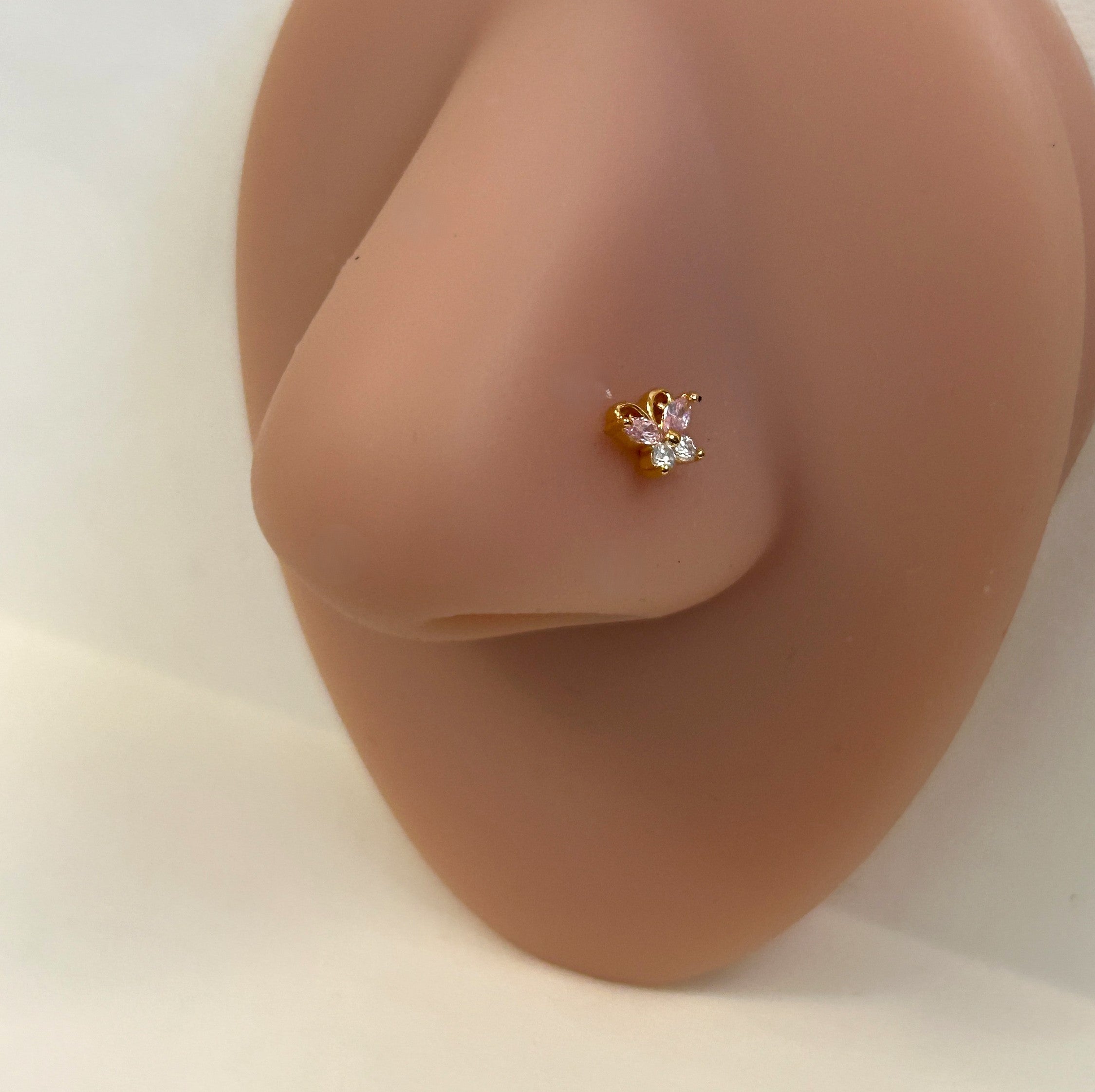 Gold, Pink & Clear Gem Encrusted Butterfly Nose Ring — L-Bend