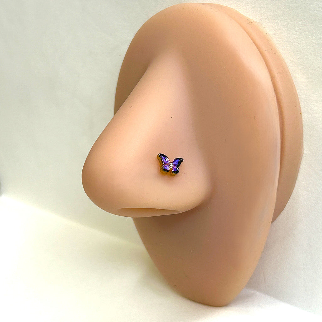Purple Enamel Butterfly Nose Ring — Gold L-Bend