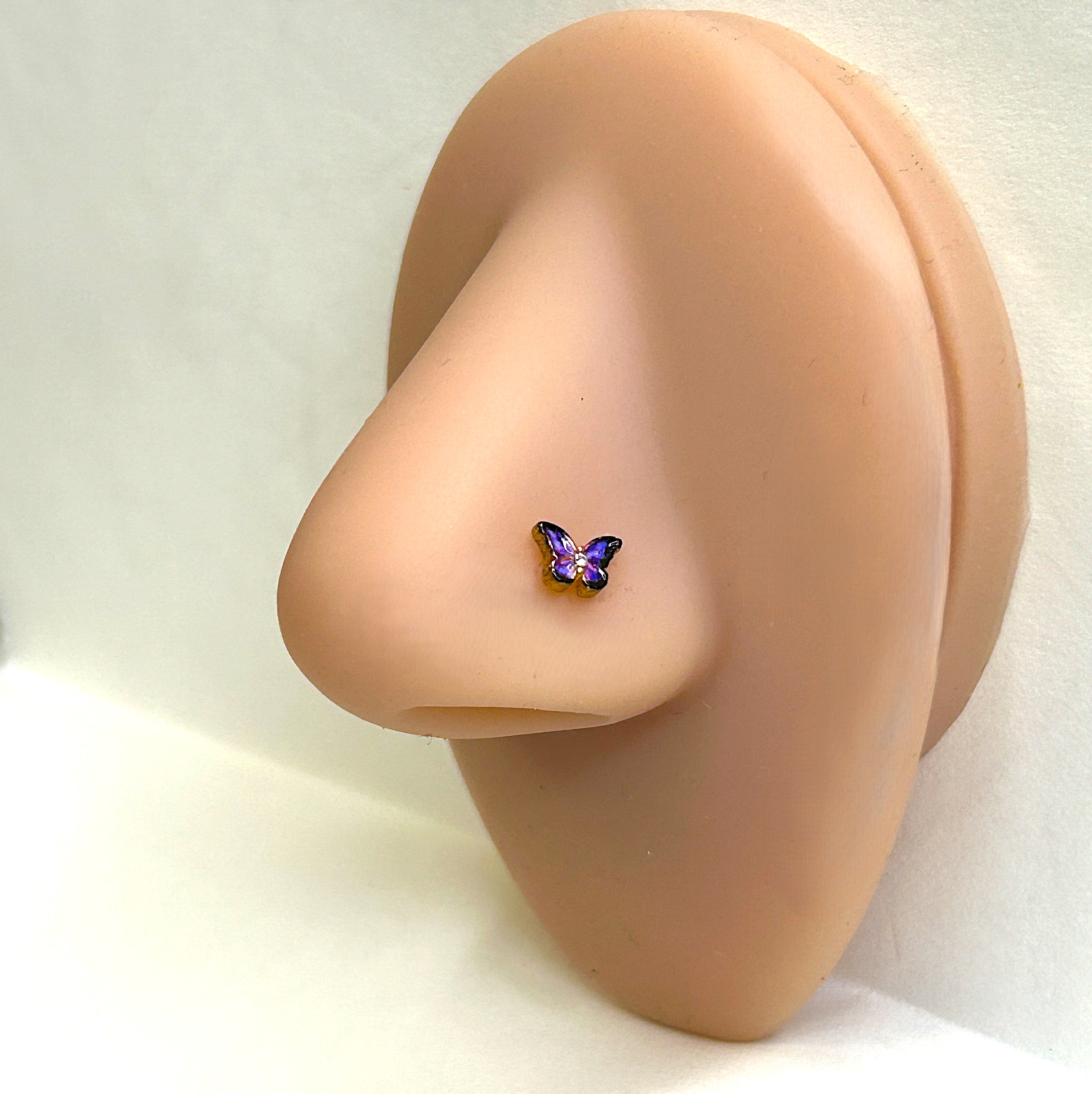 Purple Enamel Butterfly Nose Ring — Gold L-Bend
