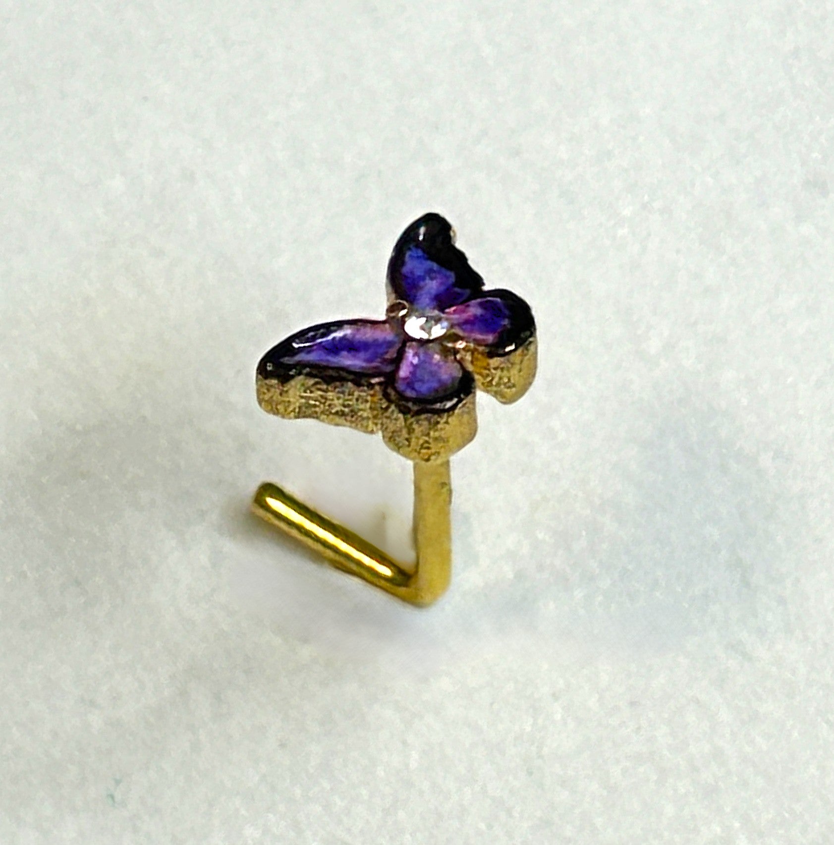 Purple Enamel Butterfly Nose Ring — Gold L-Bend