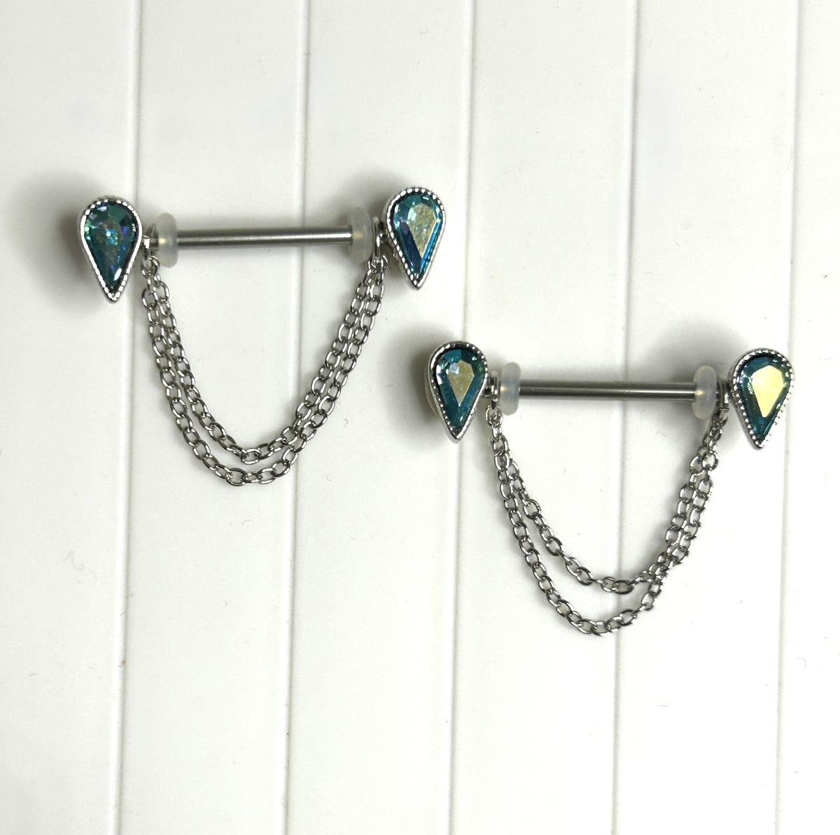 Steel Blue Teardrop Chain Nipple Barbells