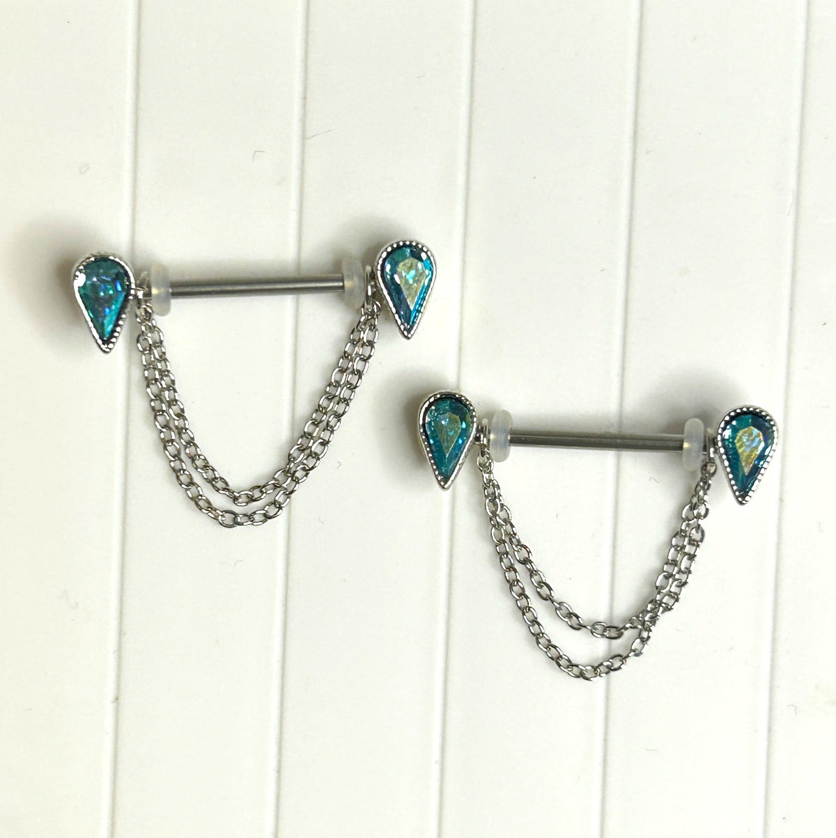 Steel Blue Teardrop Chain Nipple Barbells