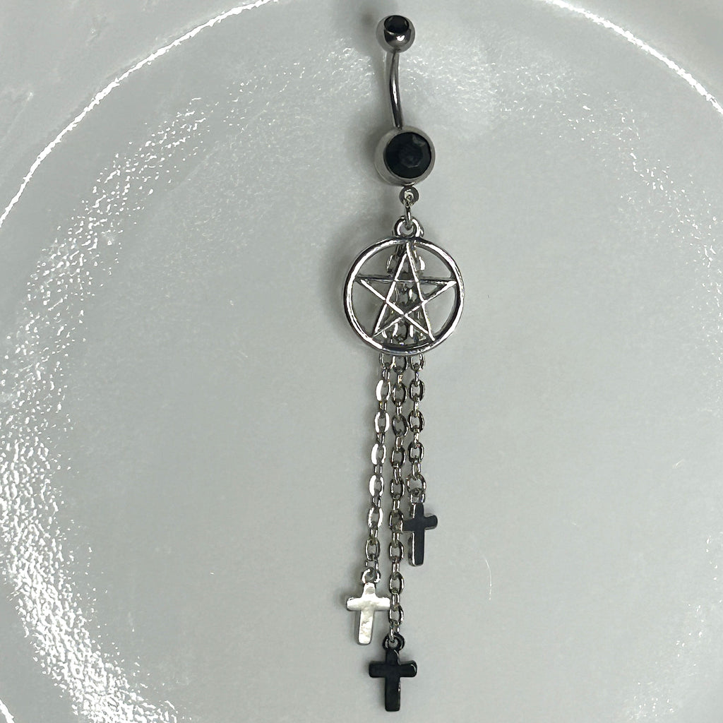 14g Surgical Steel Pentagram & Cross Dangle Belly Ring