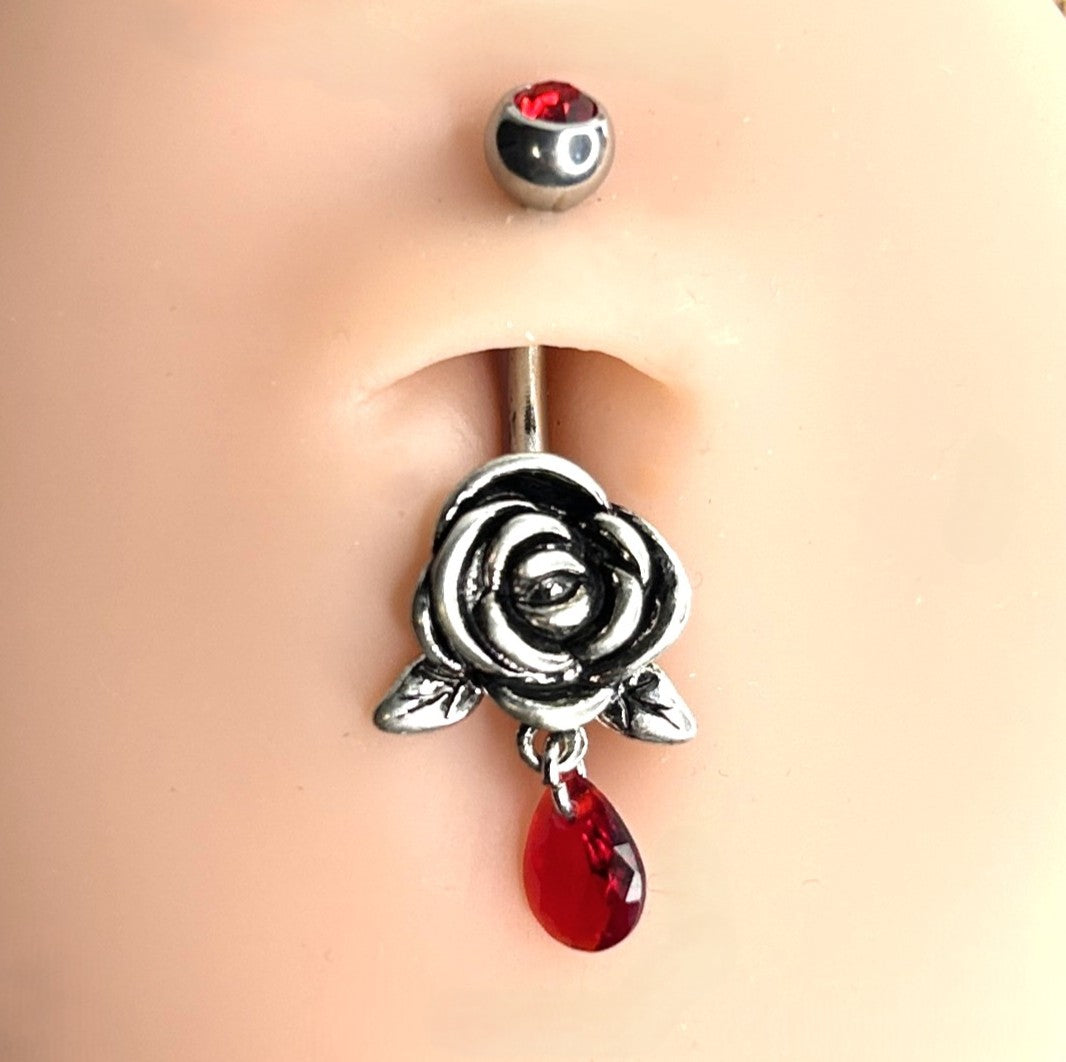 14g Steel Rose & Red Teardrop Belly Ring