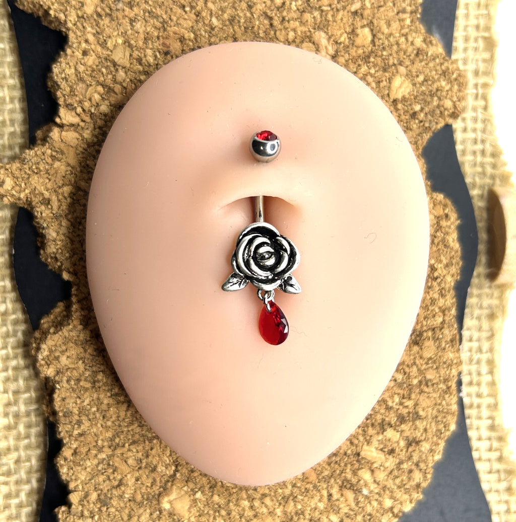 14g Steel Rose & Red Teardrop Belly Ring