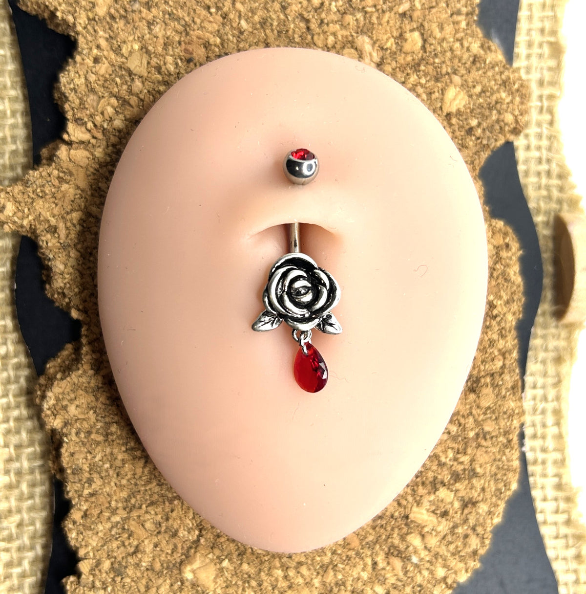 14g Steel Rose & Red Teardrop Belly Ring
