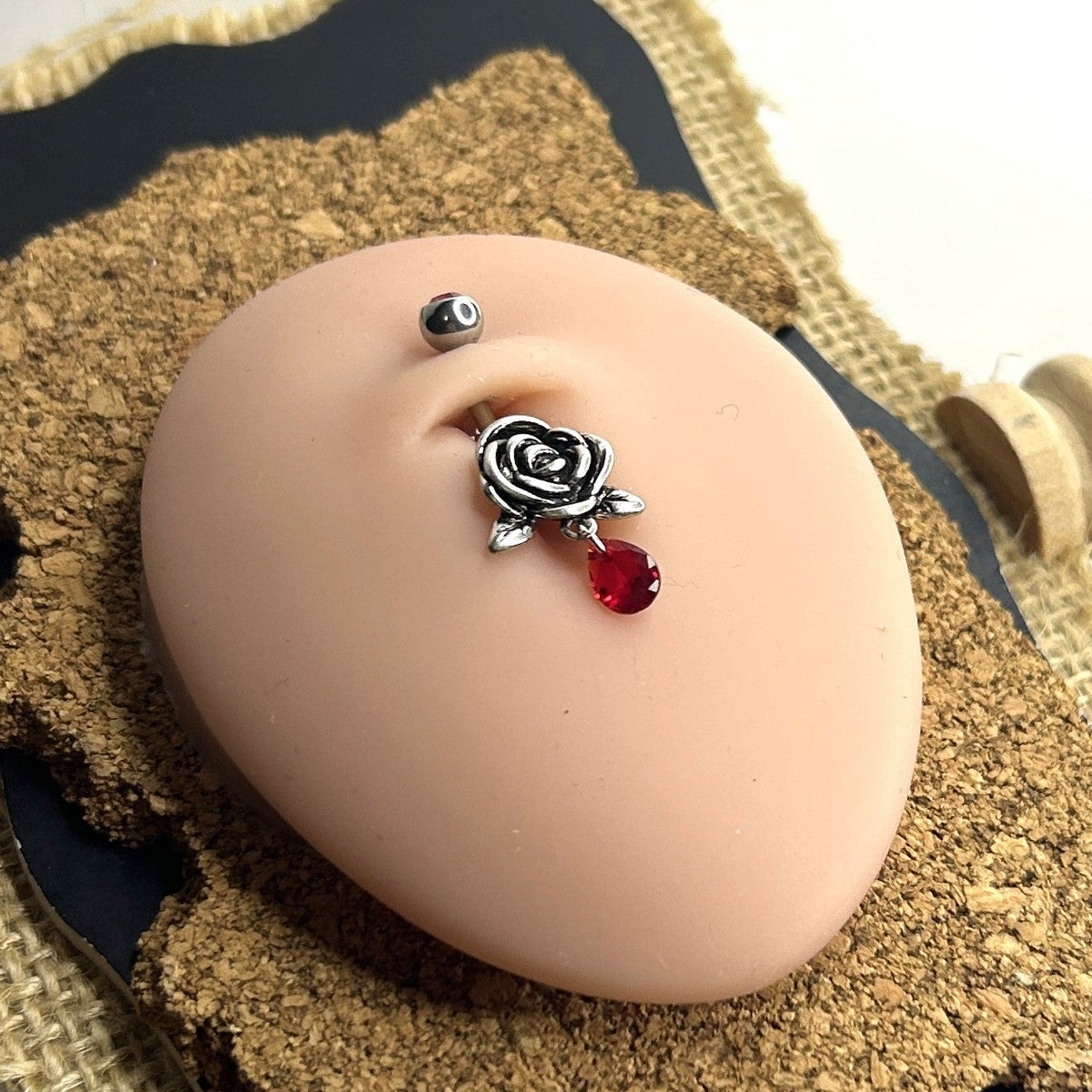 14g Steel Rose & Red Teardrop Belly Ring
