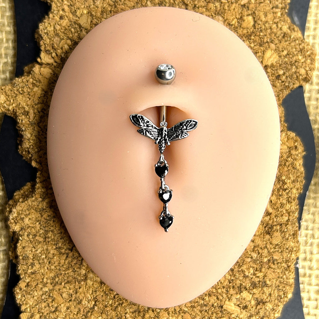 14g Moth & Black Heart Dangle Belly Ring