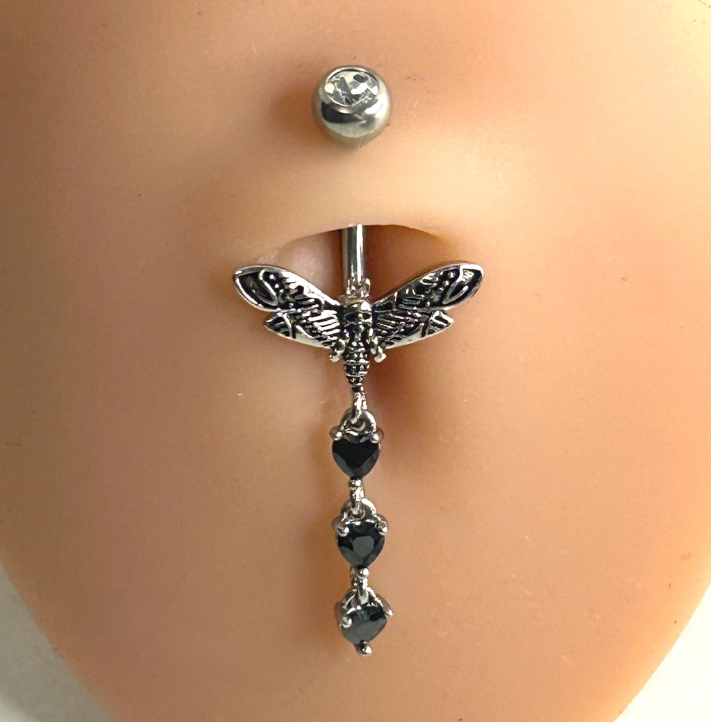 14g Moth & Black Heart Dangle Belly Ring