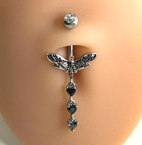 14g Moth & Black Heart Dangle Belly Ring