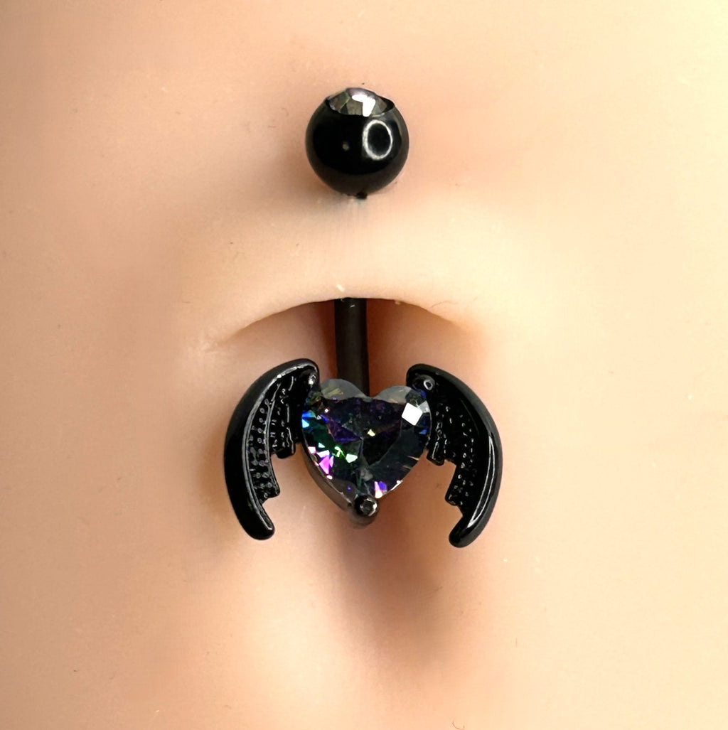 14g Black Steel Bat Wing Heart Belly Ring