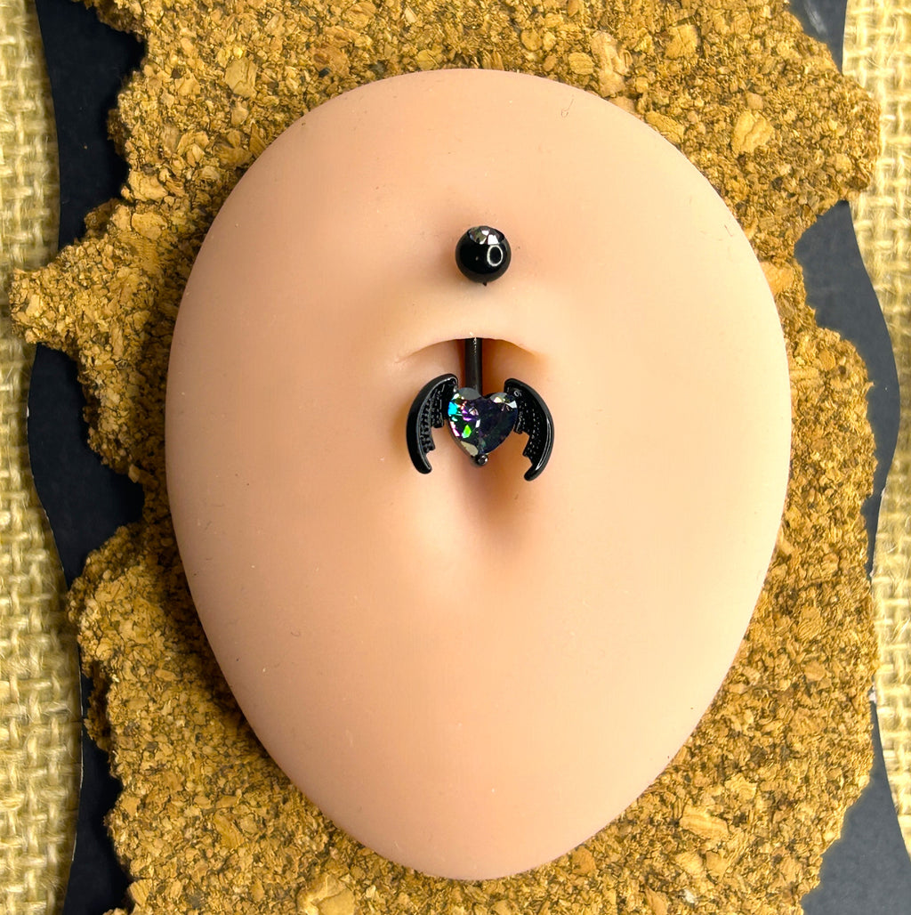 14g Black Steel Bat Wing Heart Belly Ring