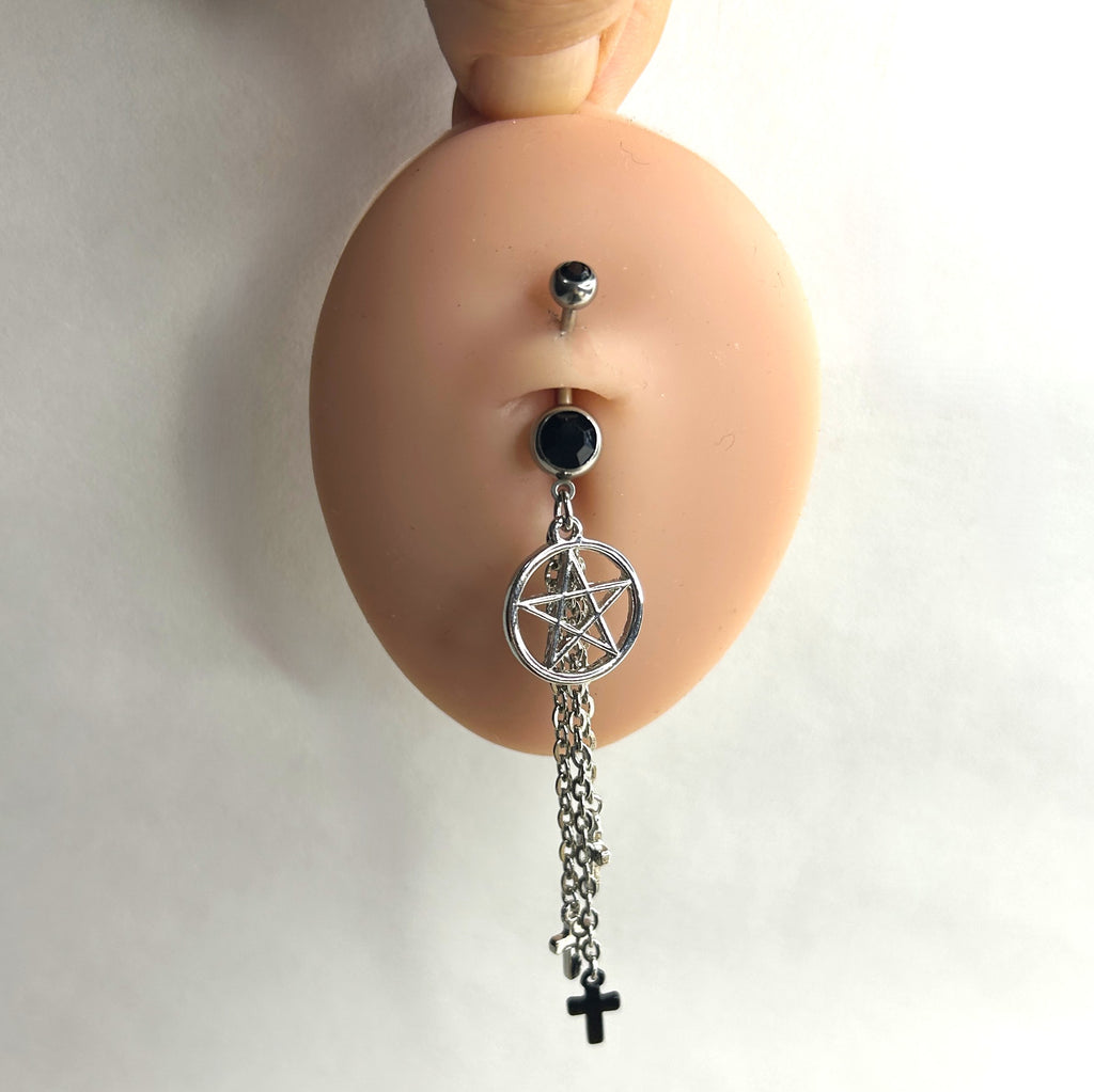 14g Surgical Steel Pentagram & Cross Dangle Belly Ring