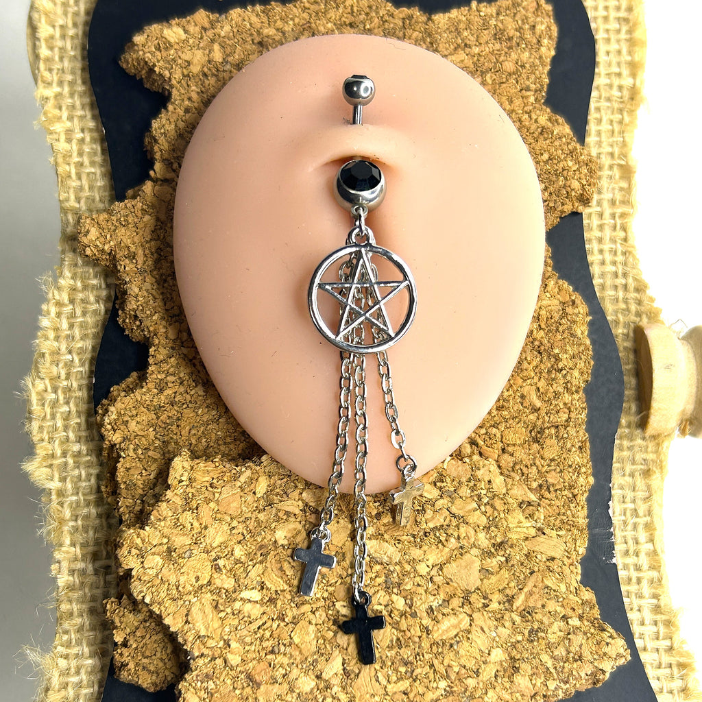 14g Surgical Steel Pentagram & Cross Dangle Belly Ring