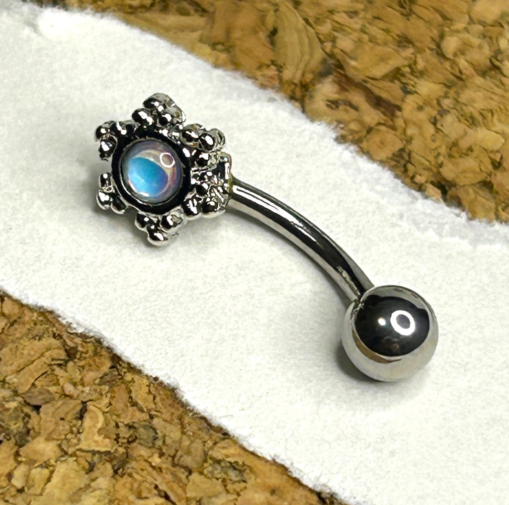 16g Opalite Filigree Curved Barbell – Steel & Gold