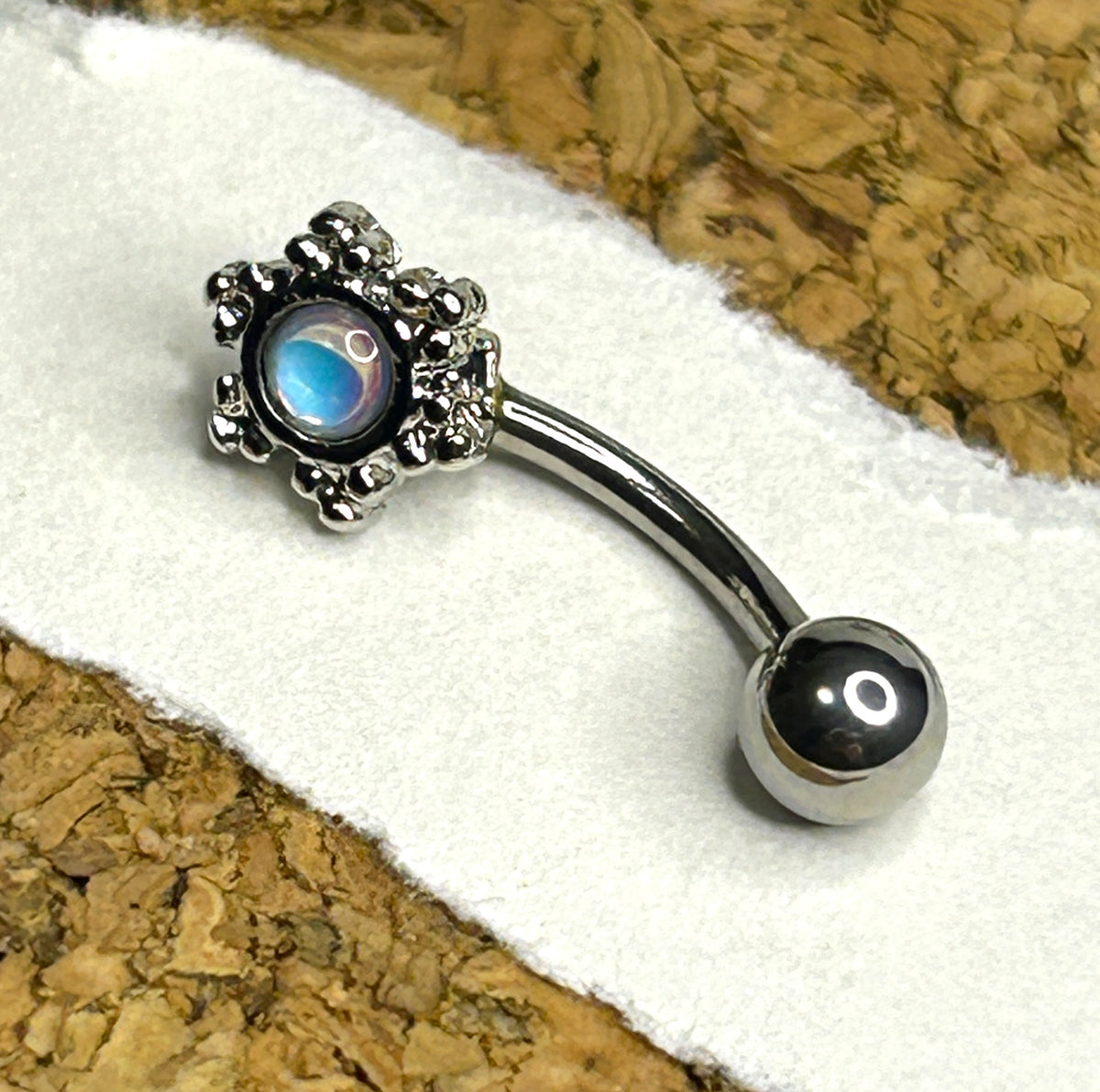 16g Opalite Filigree Curved Barbell – Steel & Gold