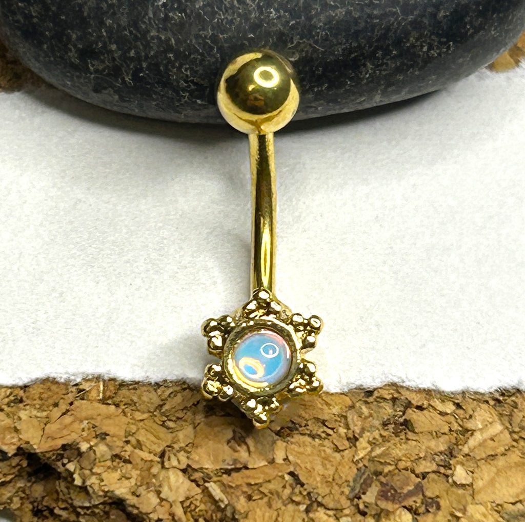 16g Opalite Filigree Curved Barbell – Steel & Gold