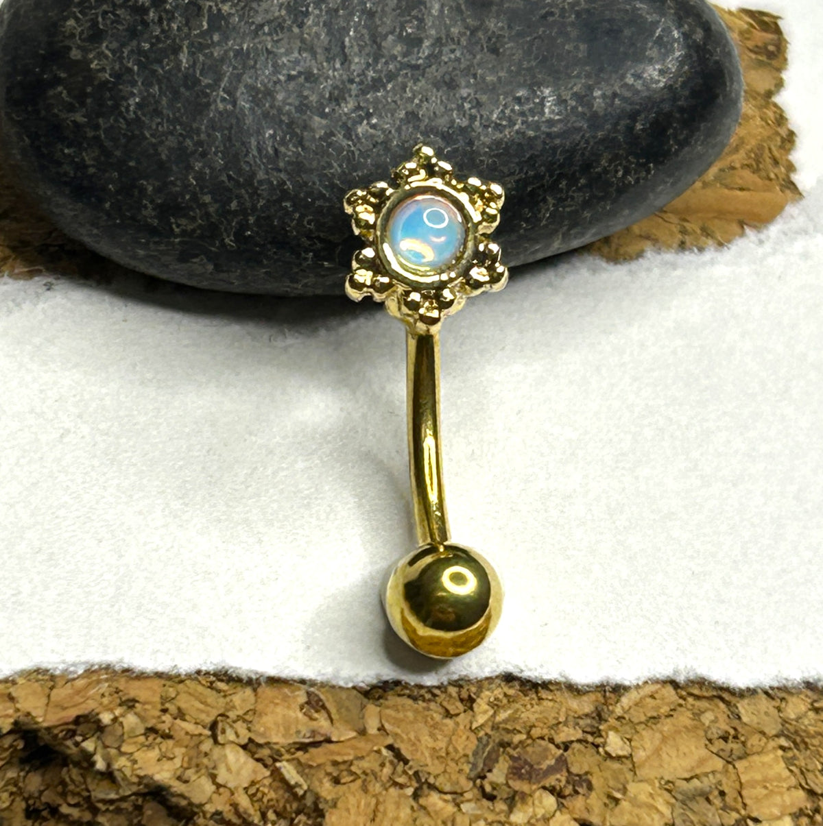 16g Opalite Filigree Curved Barbell – Steel & Gold