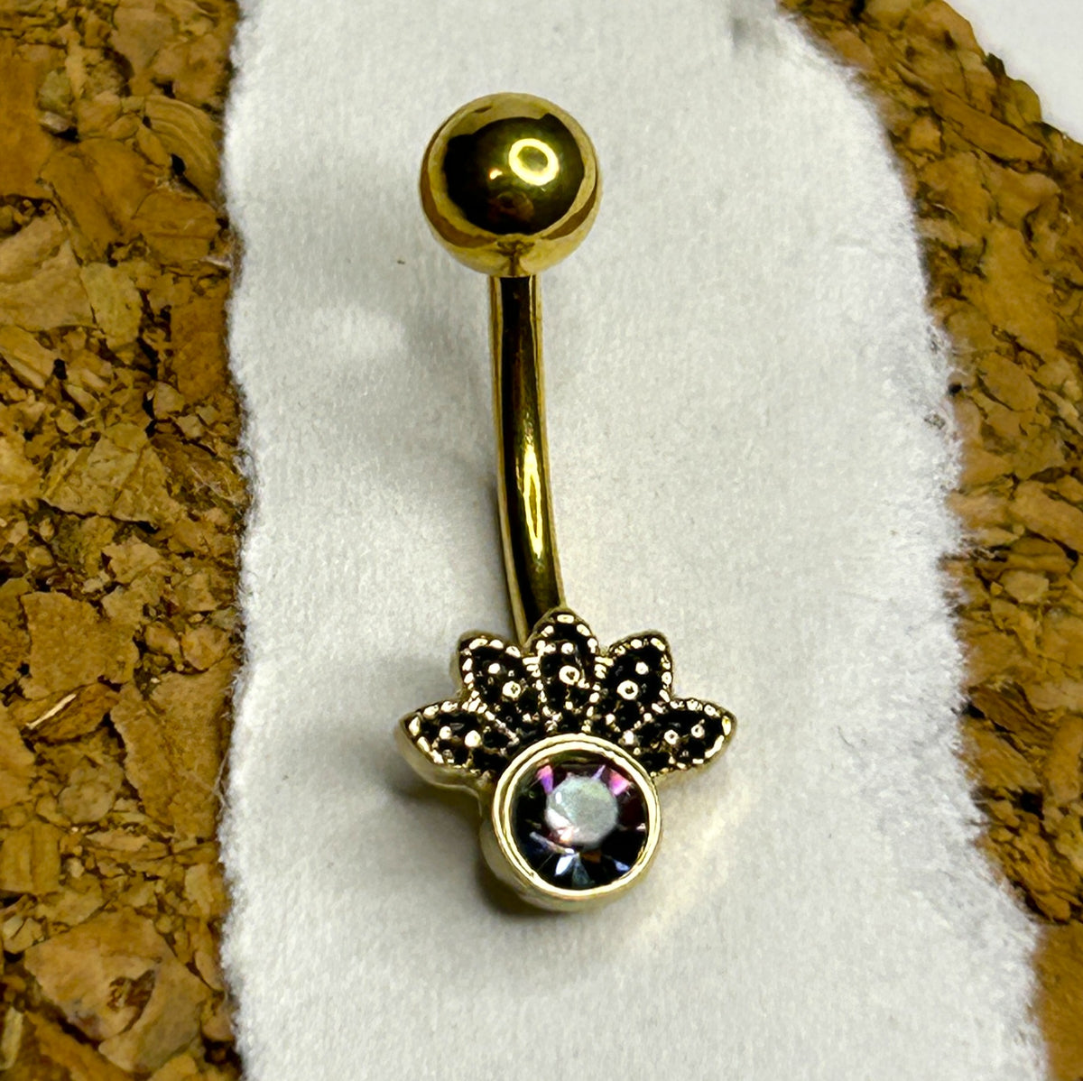 16g Gold Floral Crystal Curved Barbell – 316L Surgical Steel