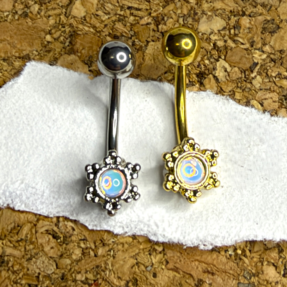 16g Opalite Filigree Curved Barbell – Steel & Gold