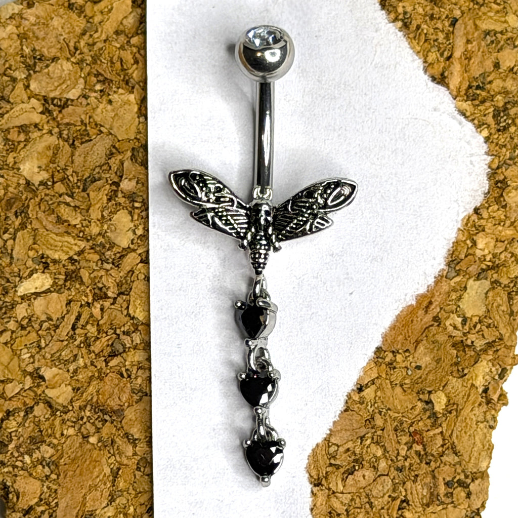 14g Moth & Black Heart Dangle Belly Ring