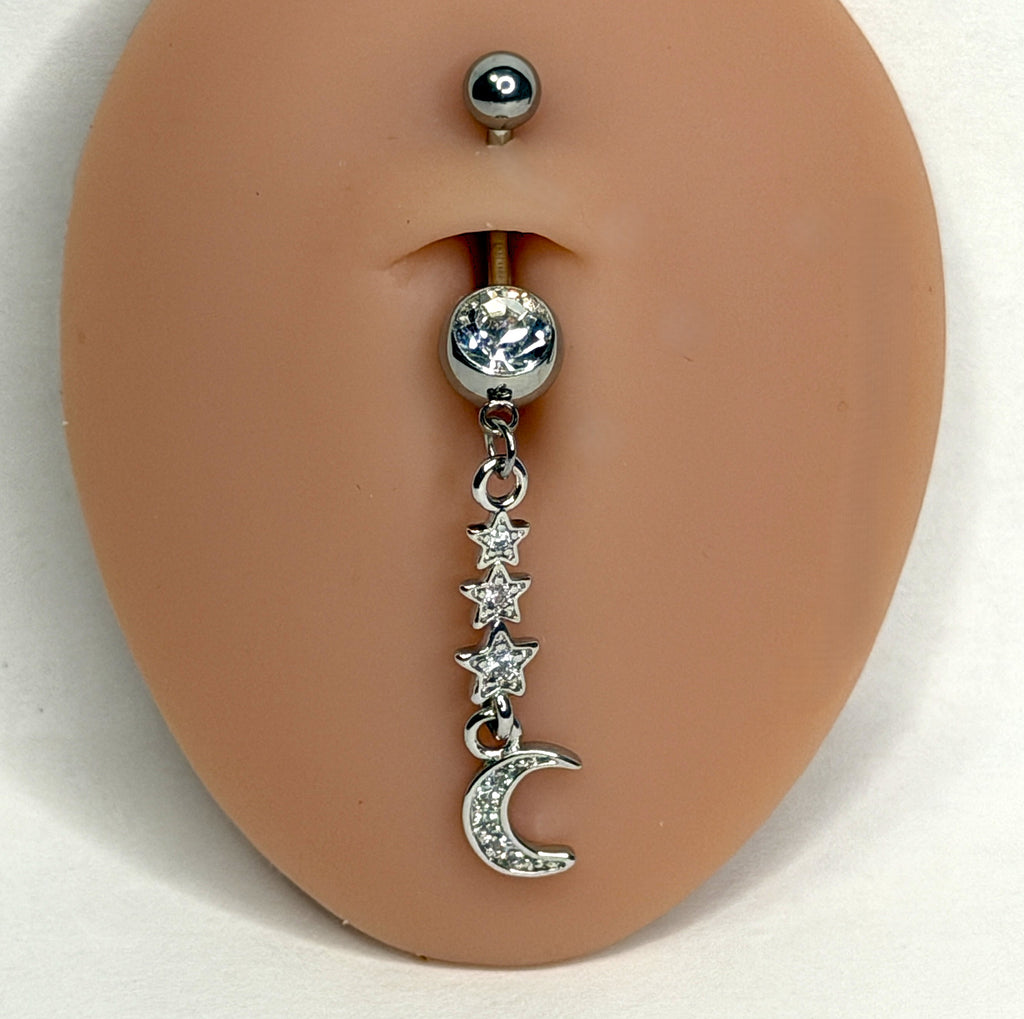 14g Surgical Steel Moon & Stars Dangle Belly Ring