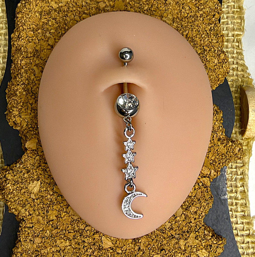 14g Surgical Steel Moon & Stars Dangle Belly Ring