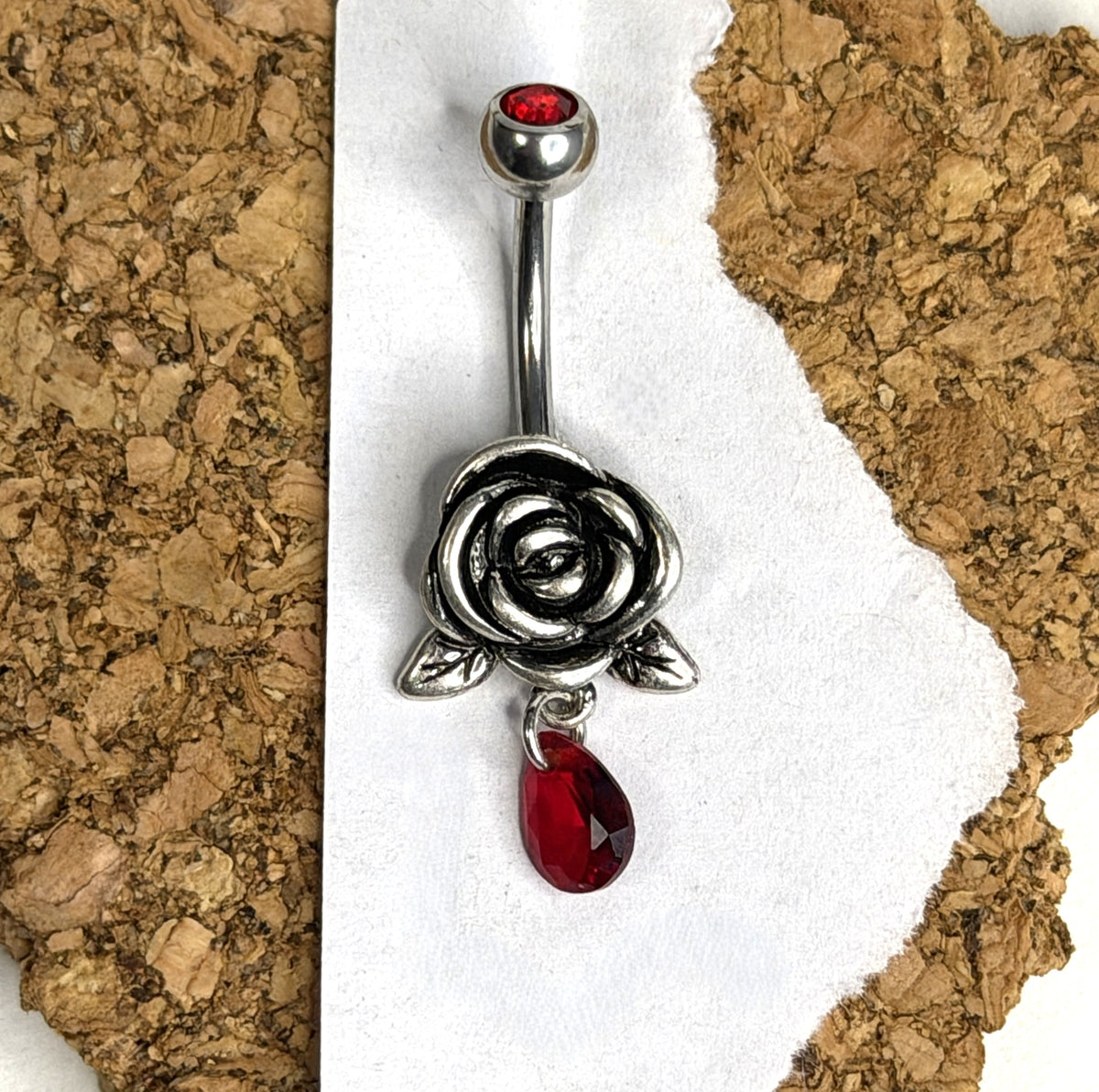 14g Steel Rose & Red Teardrop Belly Ring