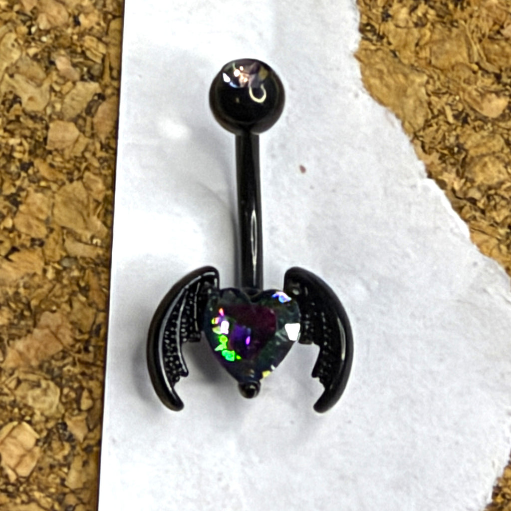14g Black Steel Bat Wing Heart Belly Ring