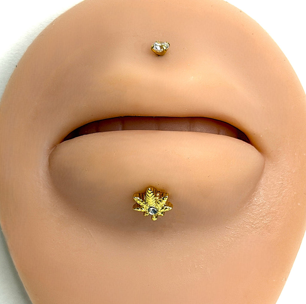 16g Gold Cannabis Leaf Crystal Flat Back Stud