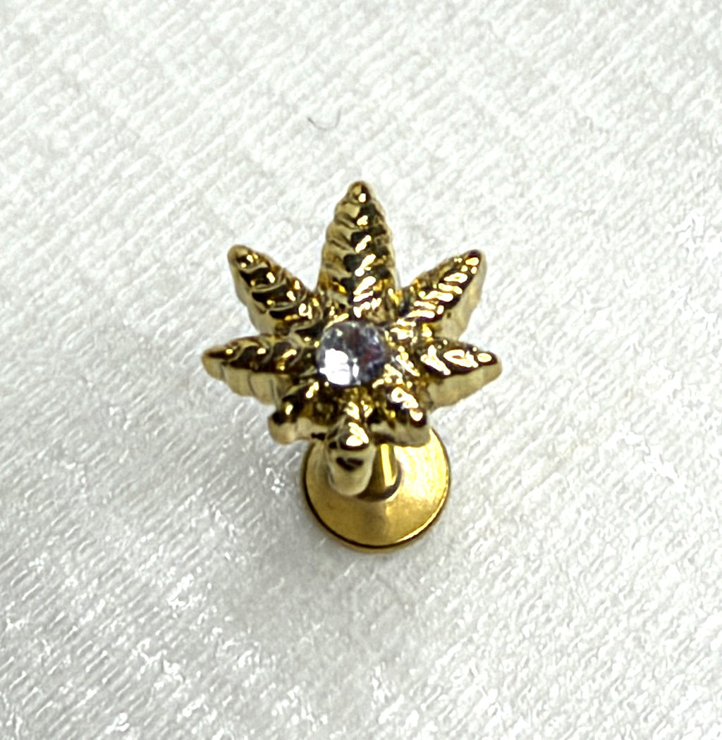 16g Gold Cannabis Leaf Crystal Flat Back Stud