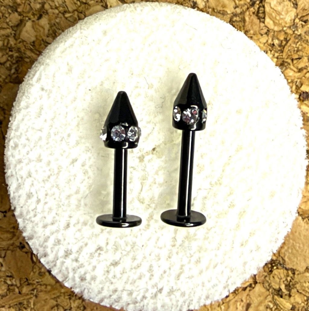 16g Black Steel Crystal Spike Flat Back Stud