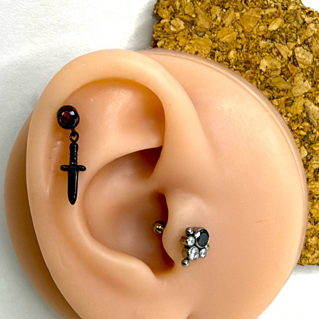 16g Black Titanium Dagger Dangle Flat Back Stud