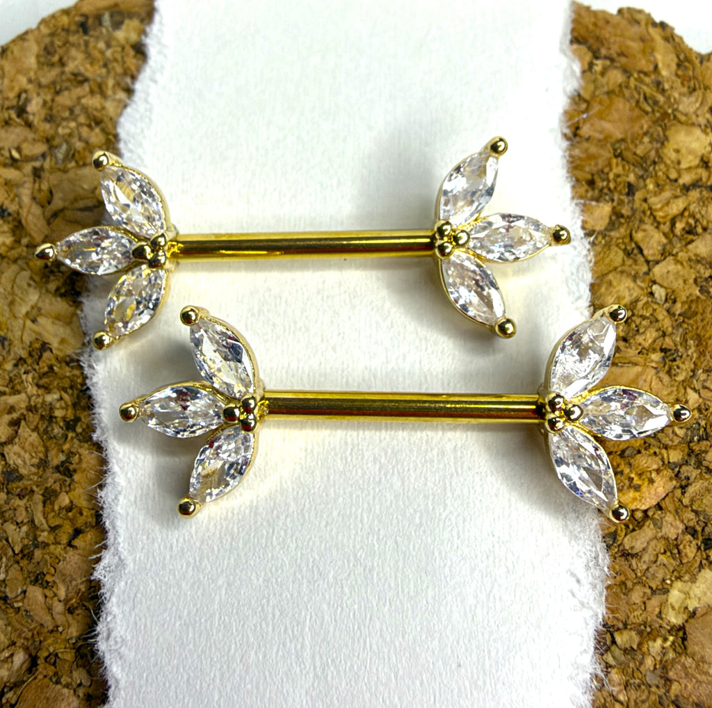 Steel & Gold 14g Marquise Crystal Nipple Barbells – 14mm