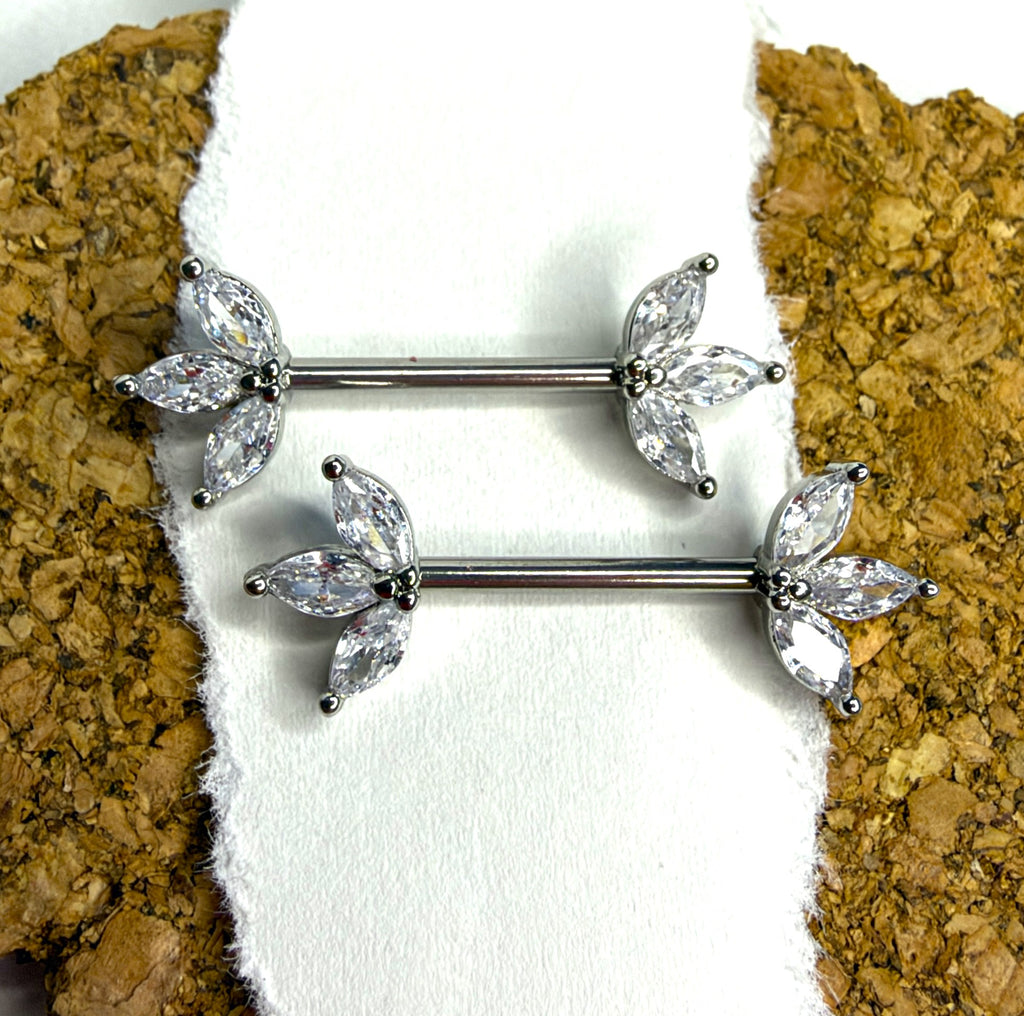 Steel & Gold 14g Marquise Crystal Nipple Barbells – 14mm