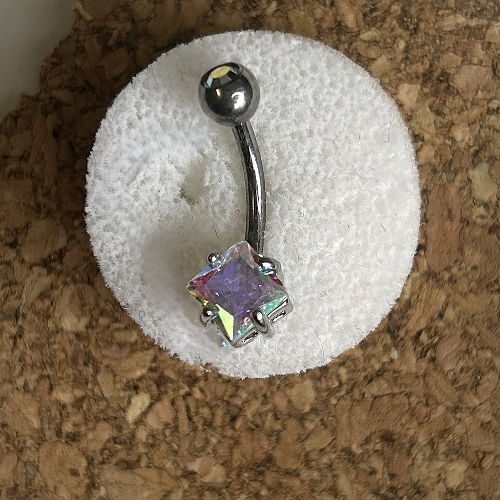 Titanium Diamond-Shape Belly Ring – Aurora & Clear Stone