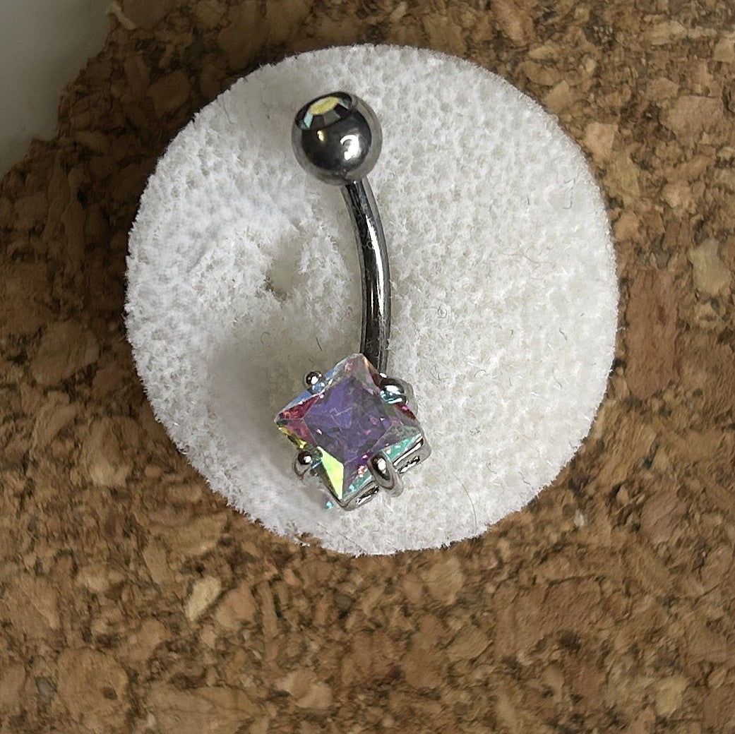 Titanium Diamond-Shape Belly Ring – Aurora & Clear Stone