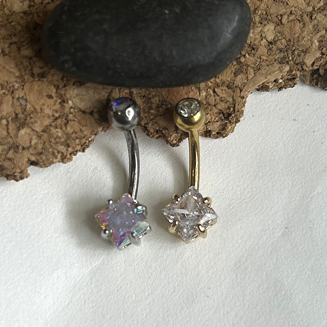 Titanium Diamond-Shape Belly Ring – Aurora & Clear Stone