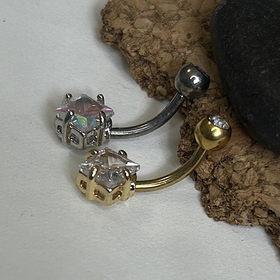 Titanium Diamond-Shape Belly Ring – Aurora & Clear Stone