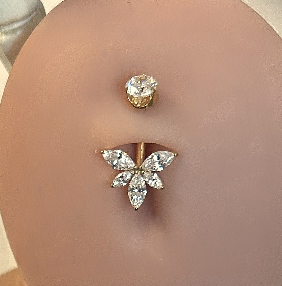 Titanium Firefly Belly Ring – 5-Stone Marquise Cluster | Gold