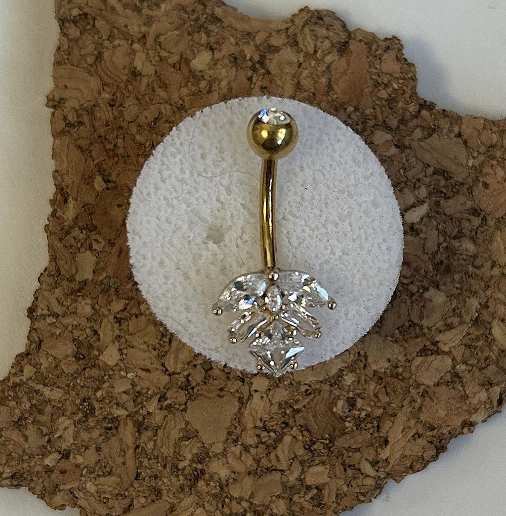 Titanium Leaf Belly Ring – Clear Stone | Gold