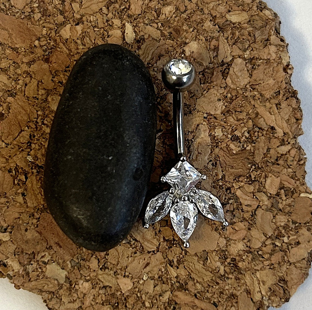 Titanium Dewdrop Belly Ring – Diamond & Clear Drop Gems