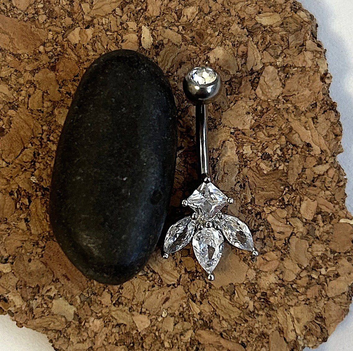 Titanium Dewdrop Belly Ring – Diamond & Clear Drop Gems