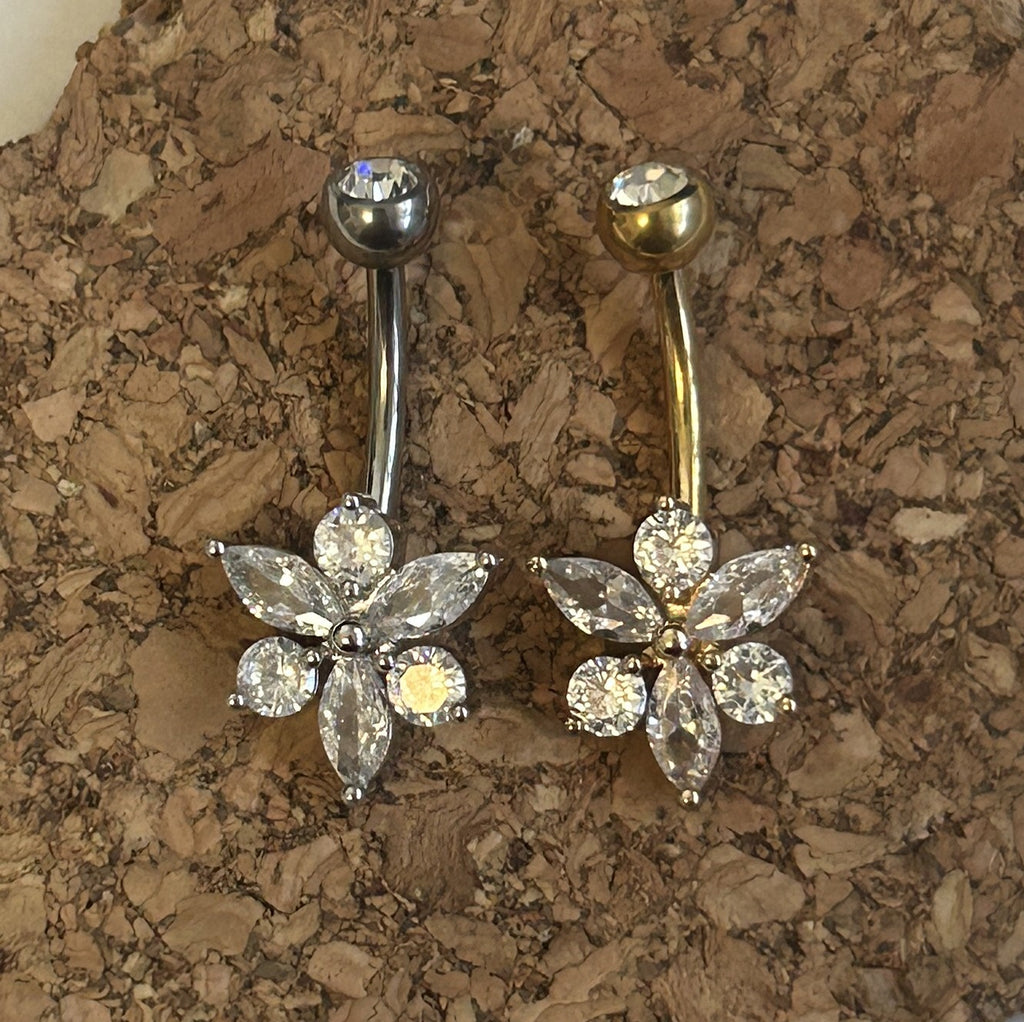 Titanium Flower Belly Ring – 6-Gemstone Gold