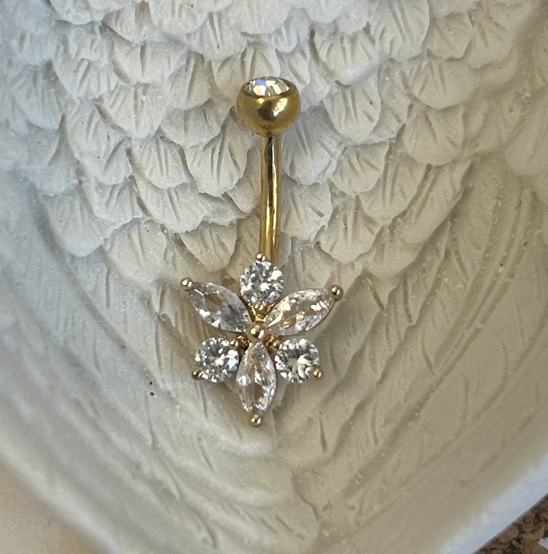 Titanium Flower Belly Ring – 6-Gemstone Gold