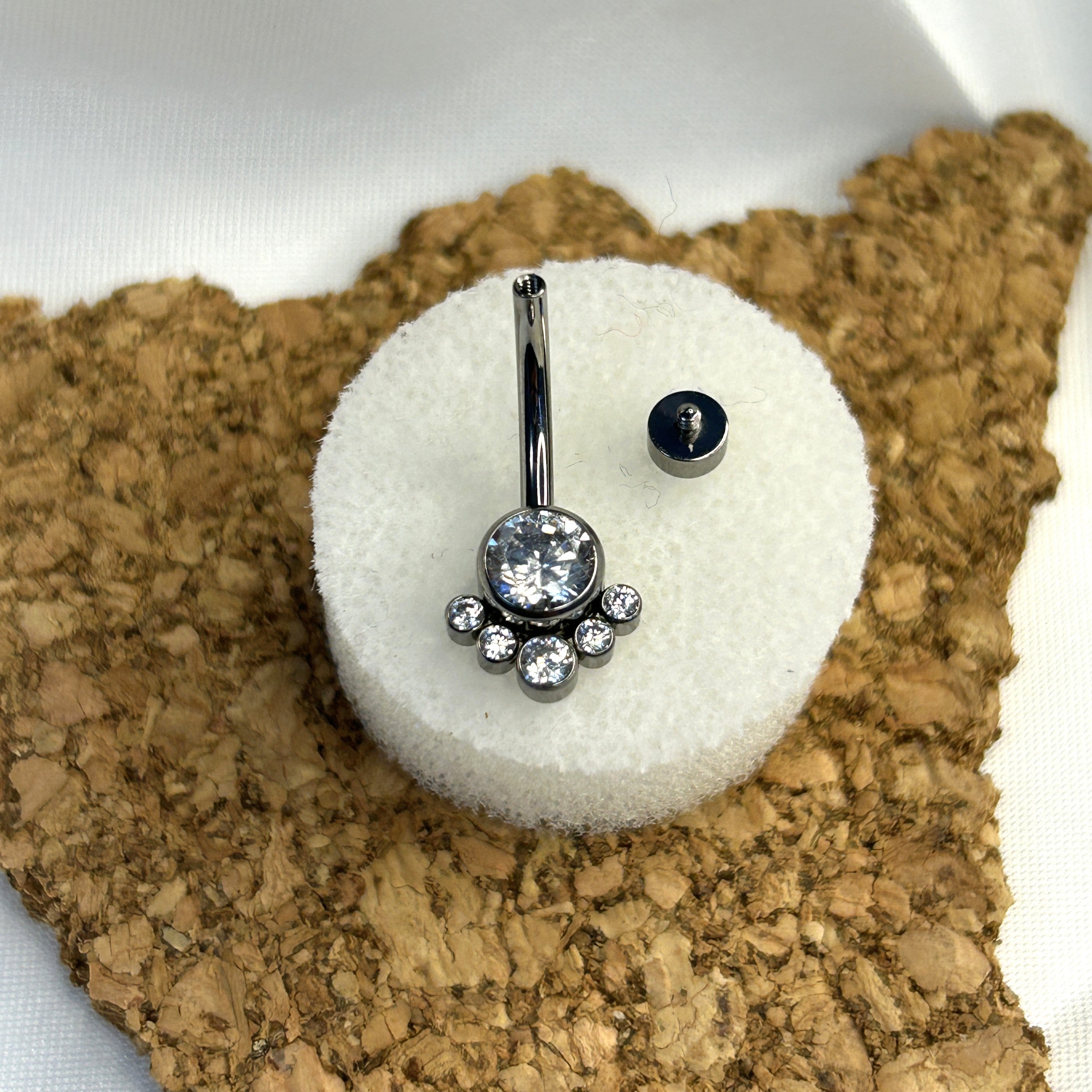 Titanium Bali-Style Belly Ring – 6mm Clear Stone with Bead Fringe