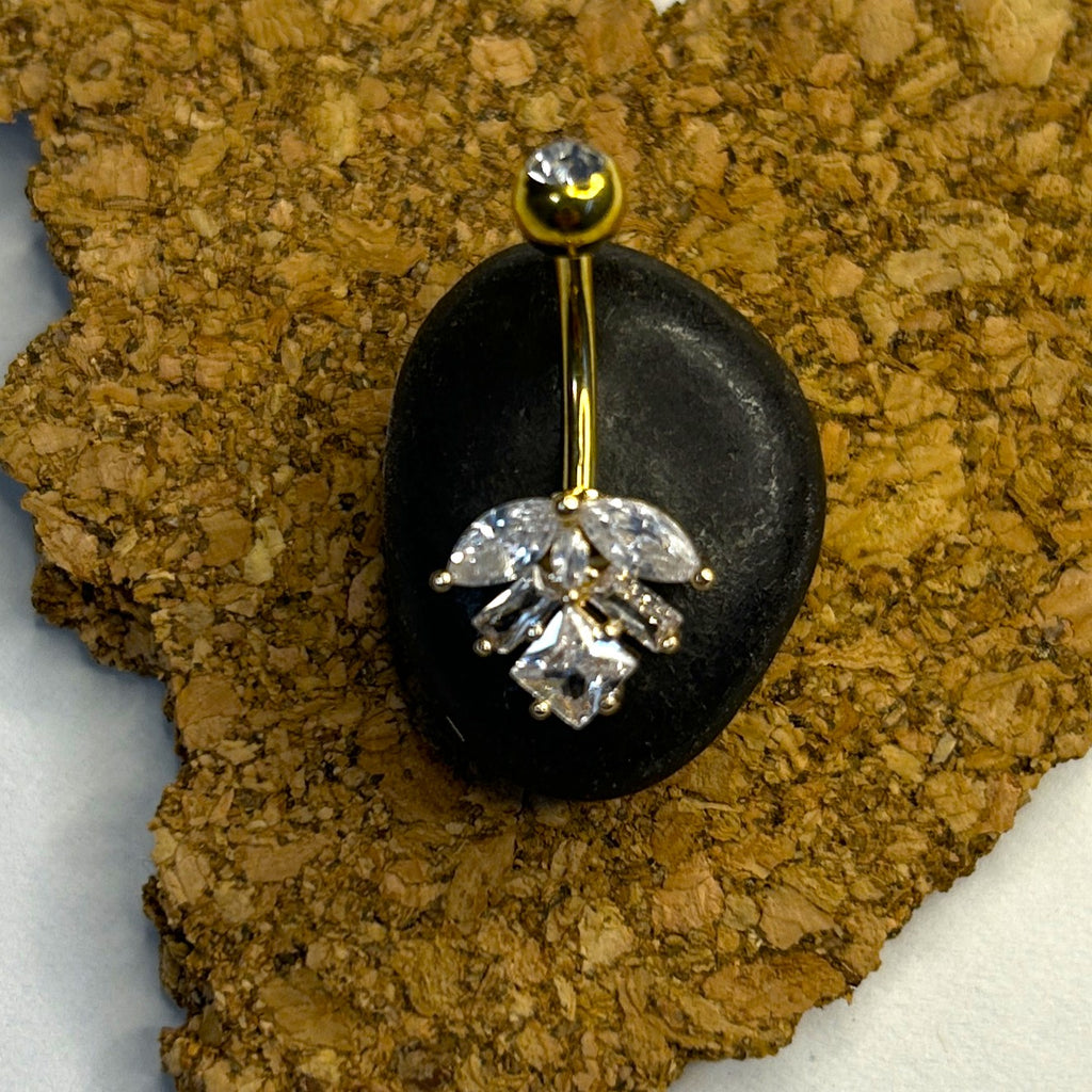 Titanium Leaf Belly Ring – Clear Stone | Gold